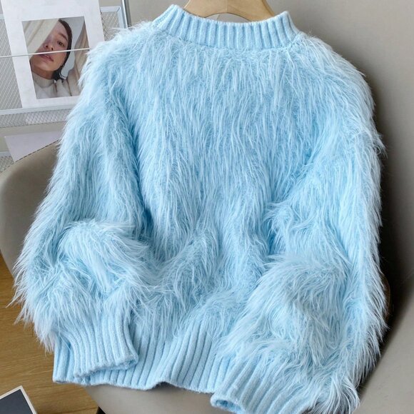 Blue Casual Women's Stand Collar Fuzzy Accent Long Sleeve Sweater - Picture 3 of 7